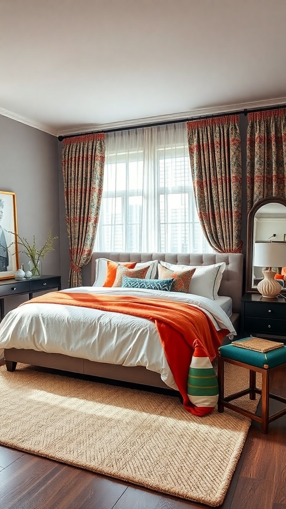 A cozy maximalist bedroom featuring bold accent colors and patterns, with an orange throw blanket, patterned curtains, and decorative pillows.