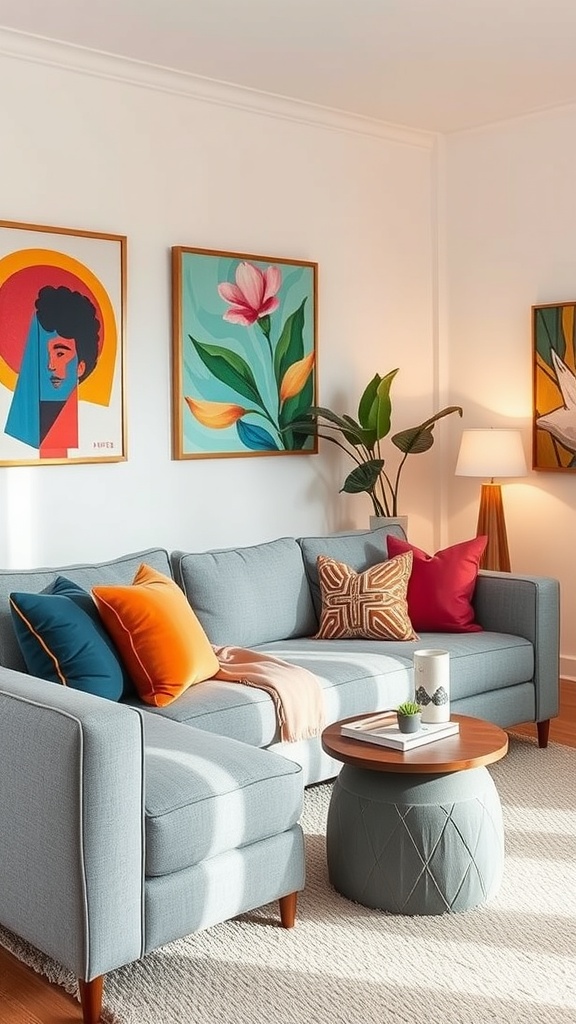 A stylish living room featuring a grey couch with colorful accent pillows, vibrant artwork on the walls, and a cozy coffee table.