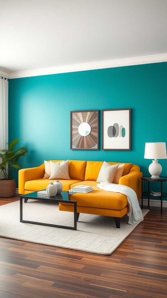 Living room featuring a mustard sofa and a bold teal accent wall.