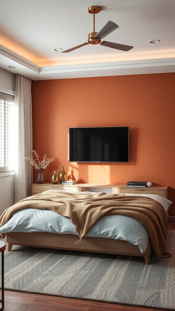 A cozy bedroom featuring a bold terracotta accent wall behind a TV, with light wood furniture and soft bedding.