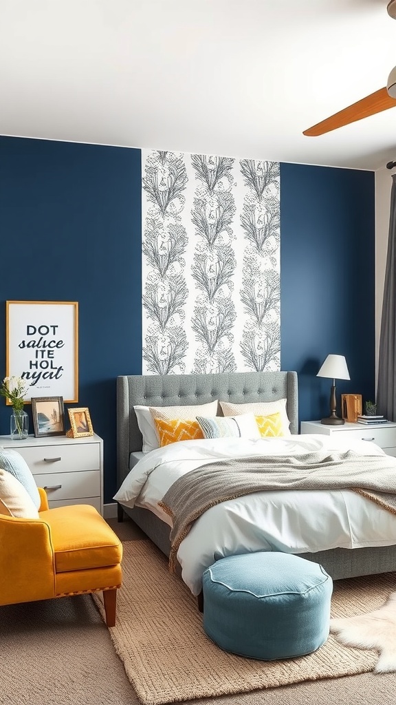Teen bedroom featuring a bold navy blue accent wall and patterned wallpaper, with colorful furniture.