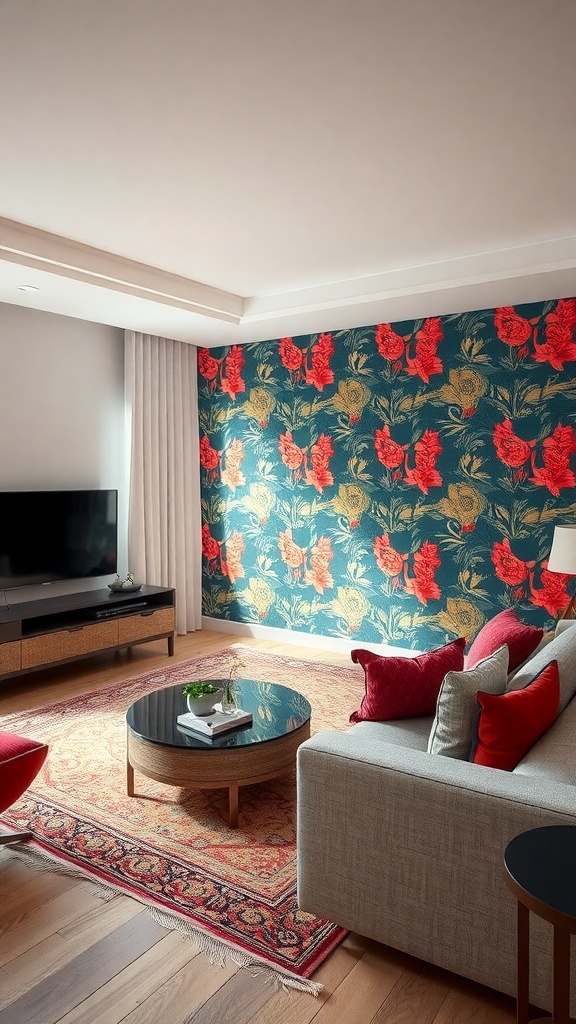 Living room with a bold floral wallpaper accent wall, TV, gray couch, and round coffee table.