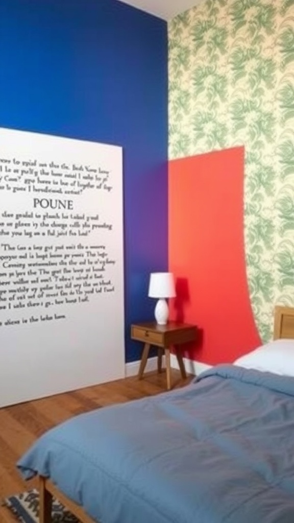 A bedroom featuring bold accent walls in blue, red, and green patterns, with a bed and a nightstand.
