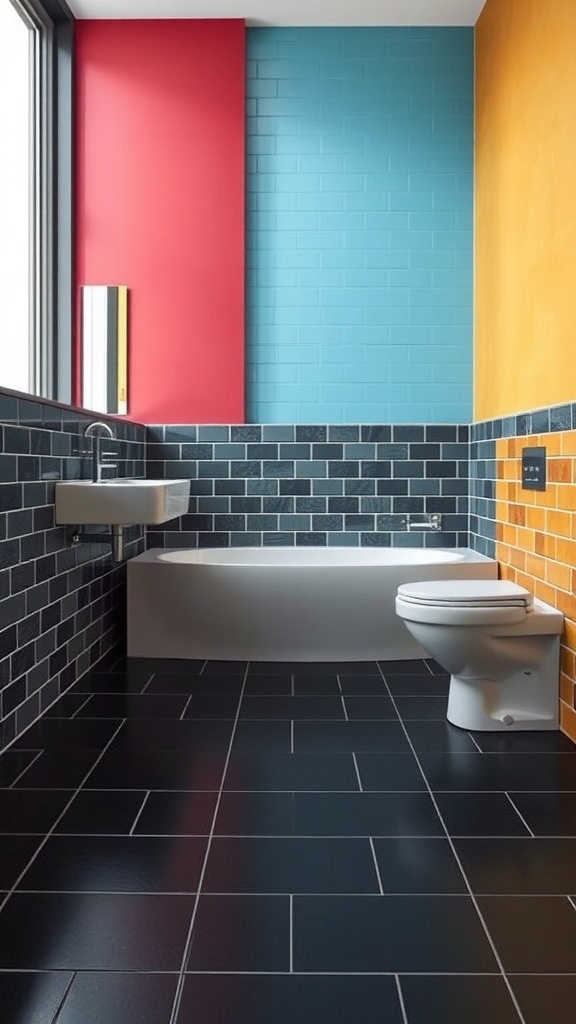 A modern bathroom with a black tile floor and bold accent walls in red, blue, and orange.