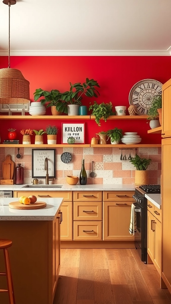 A boho kitchen featuring a bold red accent wall, warm cabinetry, and open shelving with plants and decorative items.