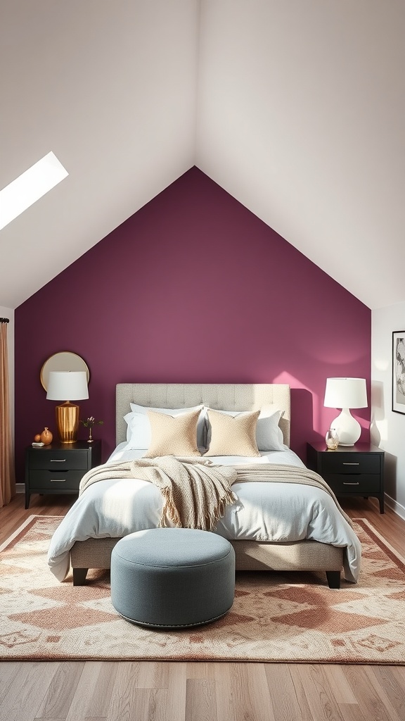 A cozy bedroom featuring a bold deep purple accent wall with a sloped ceiling.