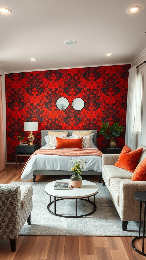 A mobile home living room featuring a bold red and black accent wall, neutral furniture, and decorative elements.