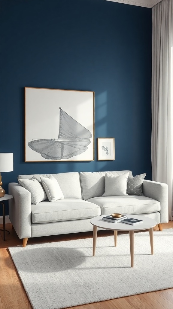 Living room featuring a light gray couch and a bold blue accent wall with nautical artwork.
