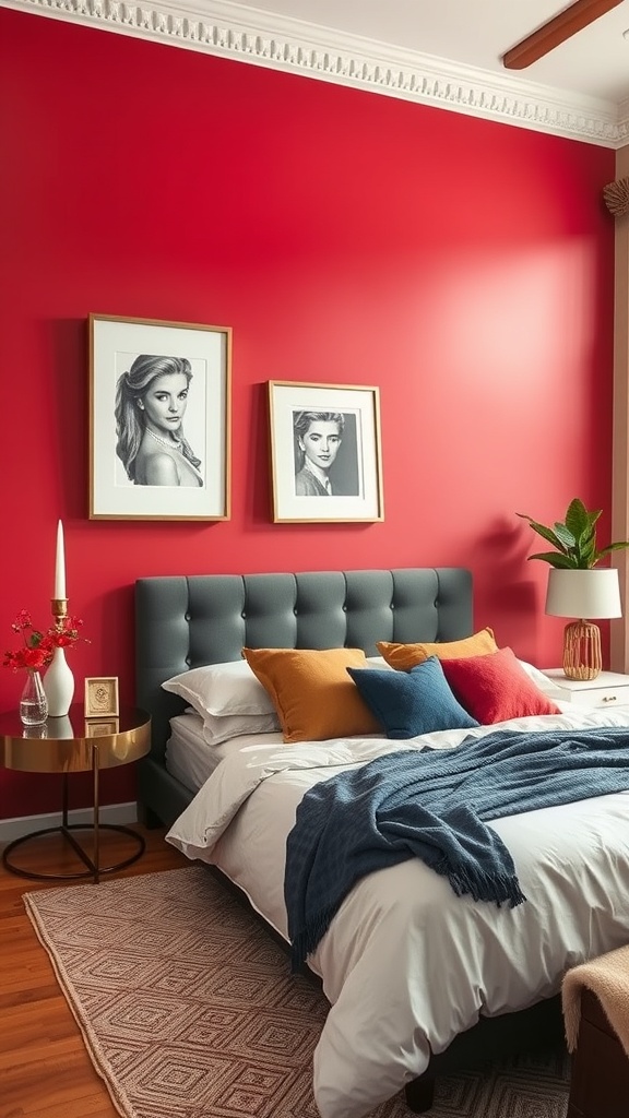 Aesthetic bedroom featuring a bold red accent wall, framed portraits, a stylish bed with colorful pillows, and decorative elements.
