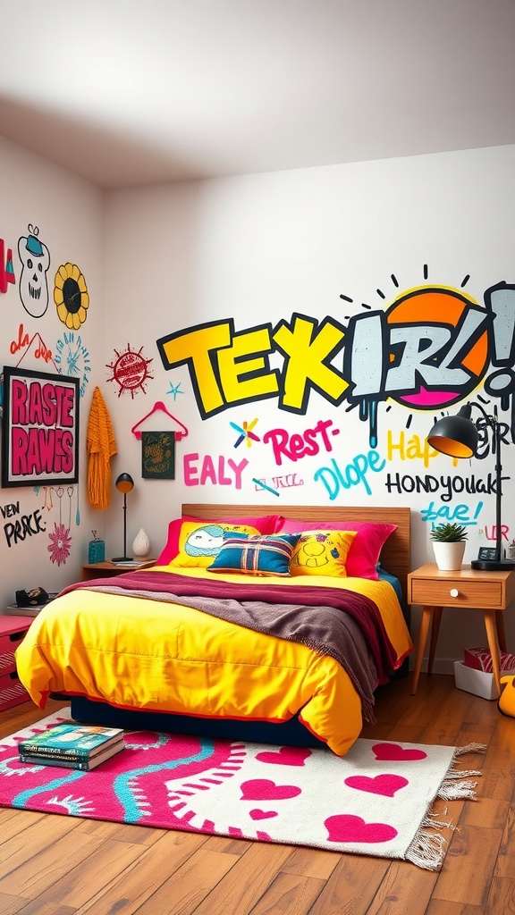 A vibrant teen bedroom with colorful walls, graffiti art, and bright bedding.