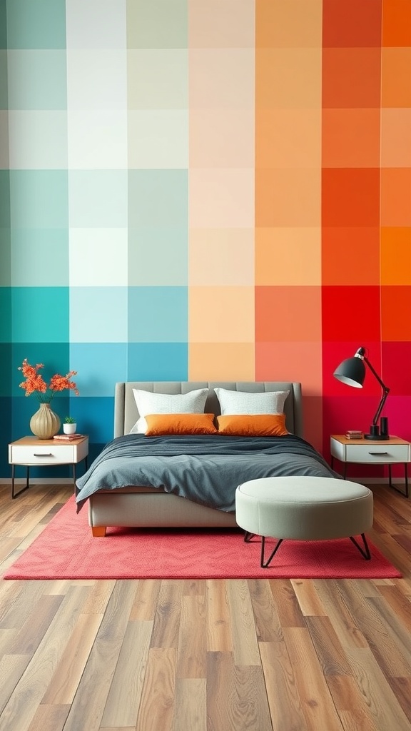 A bedroom with a colorful gradient wall, featuring shades from blue to red, complemented by a gray bedspread and orange cushions.