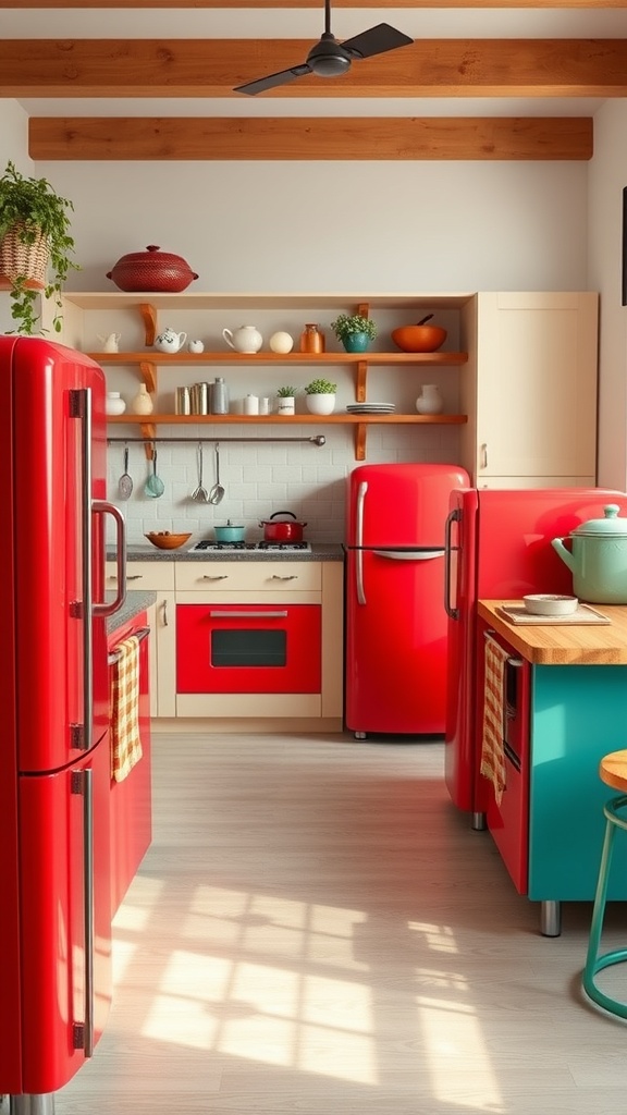 A retro kitchen featuring bold red appliances and a turquoise cabinet.