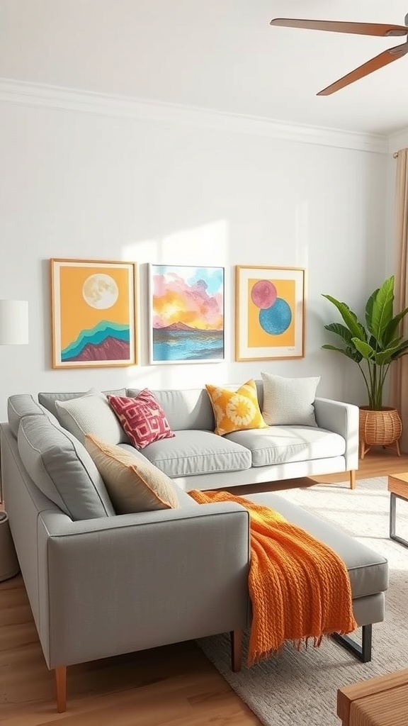 A stylish living room featuring a light grey couch, colorful pillows, bold wall art, and a plant.