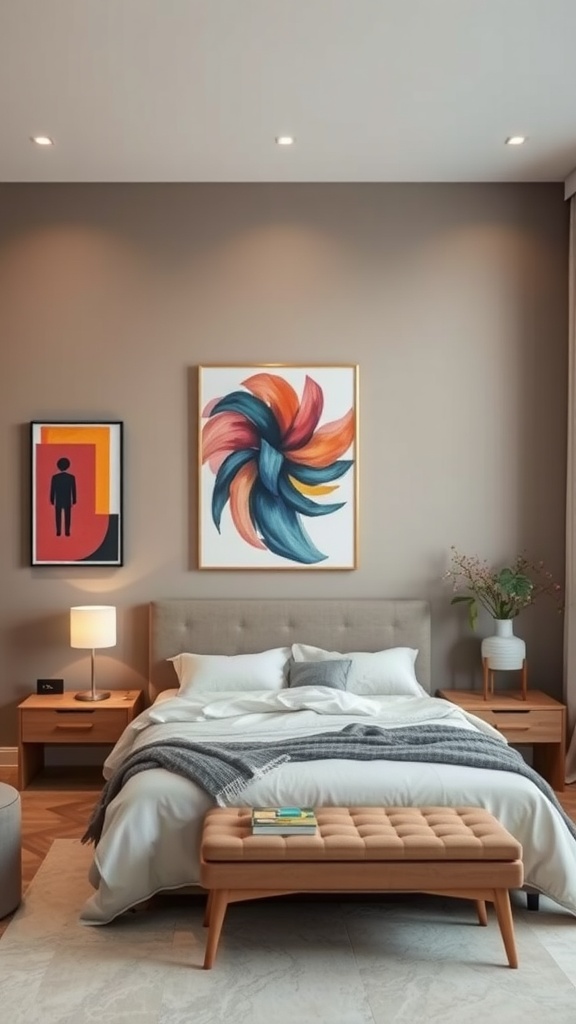 A taupe bedroom featuring bold art pieces, including a vibrant swirl artwork above the bed and a minimalist figure artwork to the side.