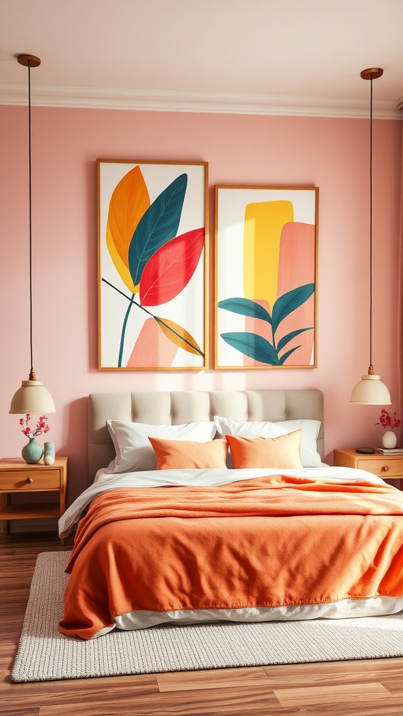 A cozy bedroom with bold art prints featuring colorful leaves and abstract designs on pink walls.
