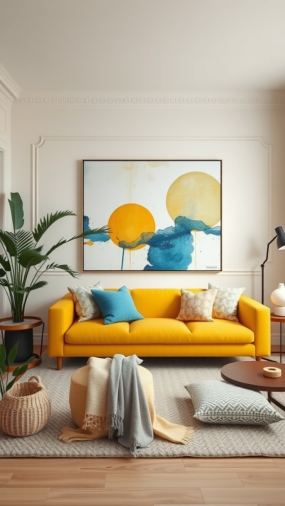 A bright yellow couch in a stylish living room with bold artwork on the wall.