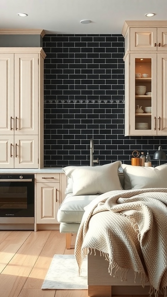 A modern kitchen featuring a black subway tile backsplash, light wood cabinetry, and cozy seating.