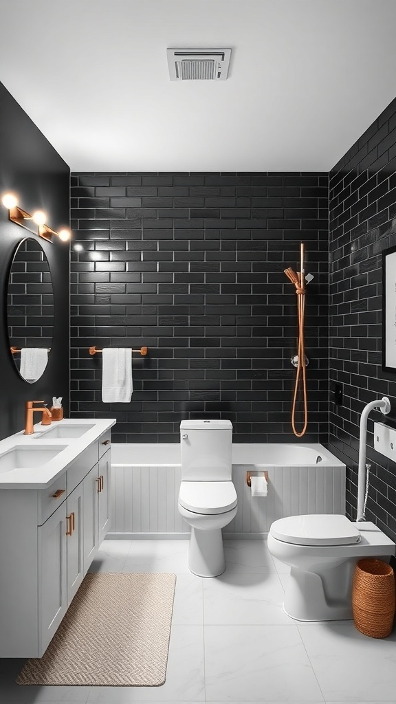 A minimalist bathroom featuring a bold black accent wall with glossy tiles, white fixtures, and warm copper accents.