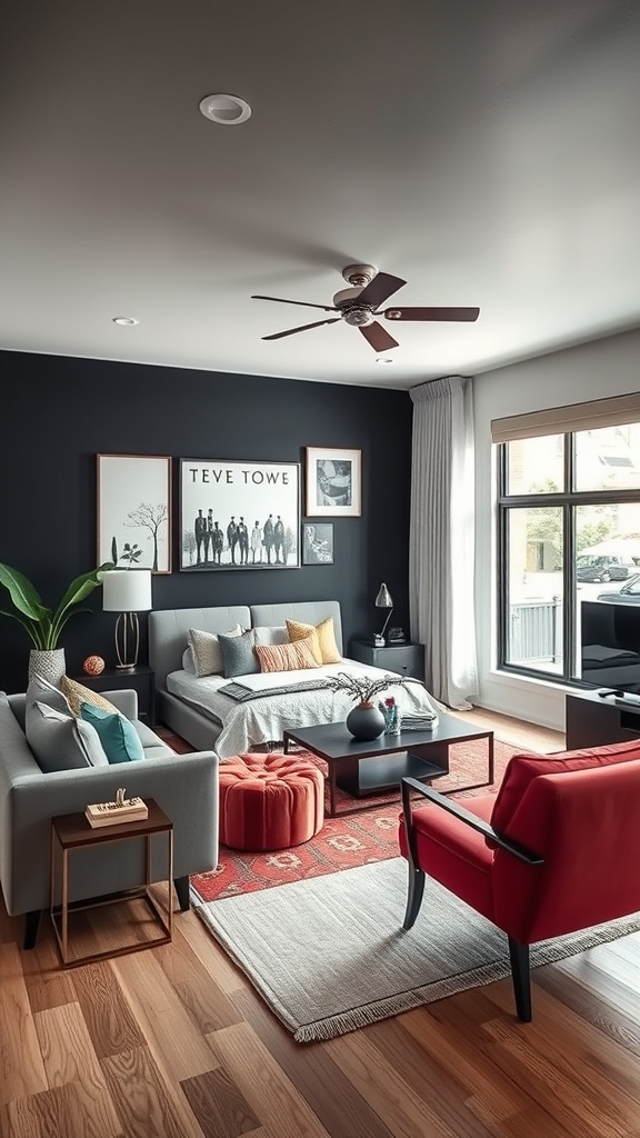 A stylish living room featuring a bold black accent wall, gray sofas, colorful cushions, and a red chair.