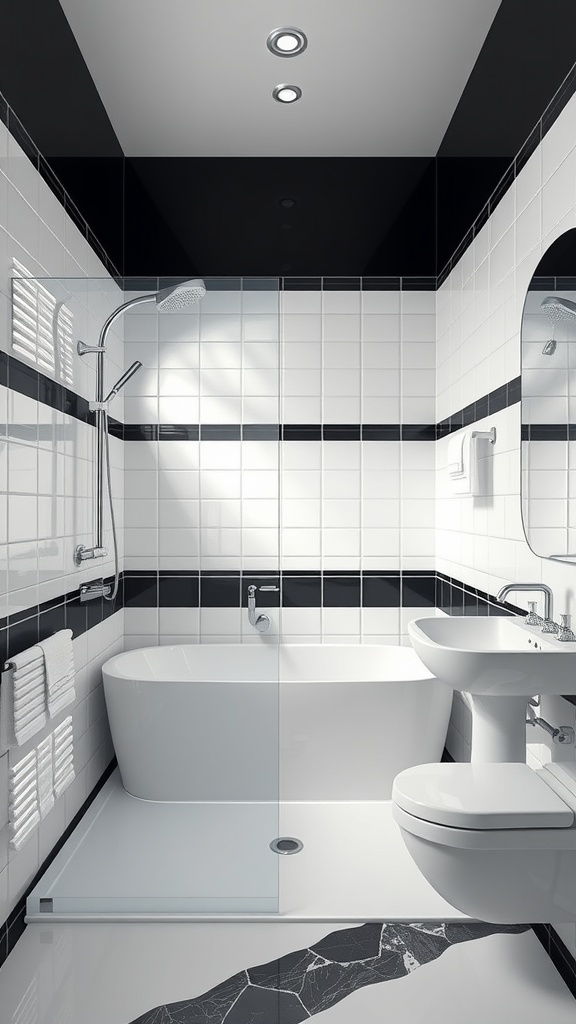 A modern bathroom featuring a bold black and white tile design with a glass shower enclosure.