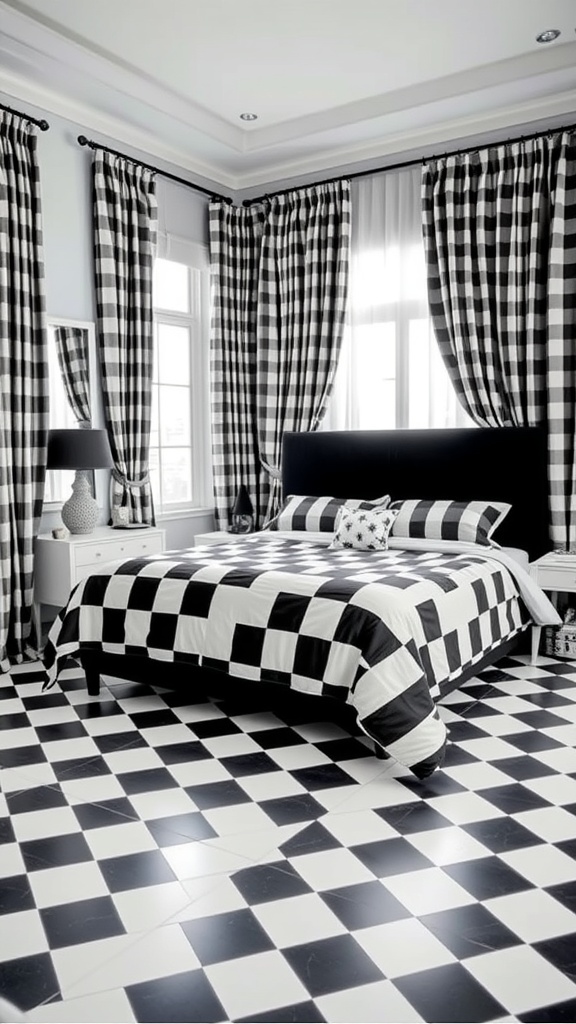 A bedroom featuring bold black and white checkerboard patterns on the bed, curtains, and floor.