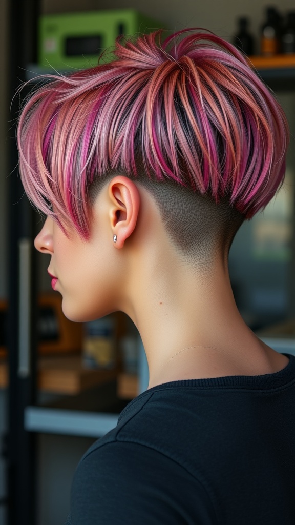 A young person showcasing a bold bob hairstyle with an undercut, featuring vibrant pink tones.