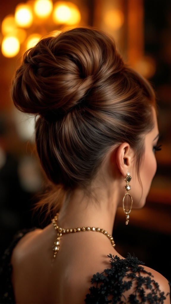 A woman with a bold bouffant updo hairstyle, wearing statement earrings and a delicate necklace.
