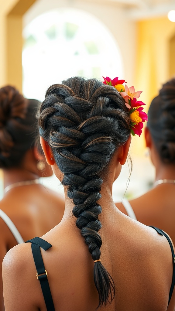 A bold braided updo hairstyle with colorful flowers, suitable for wedding guests.