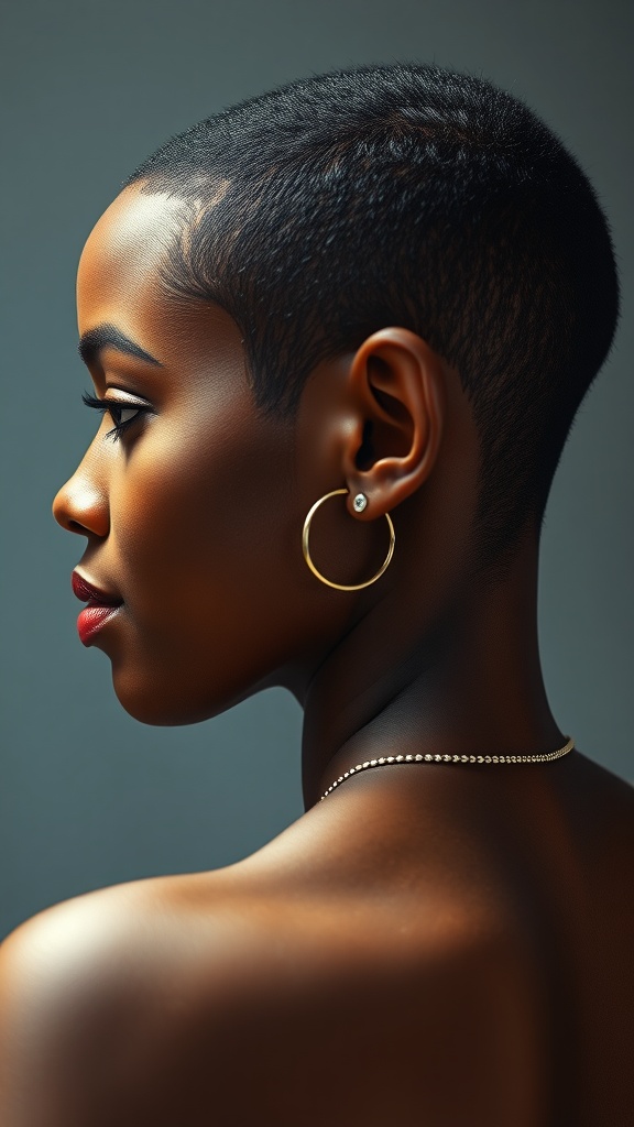 A woman with a buzz cut hairstyle, wearing hoop earrings and a necklace, showcasing her profile.