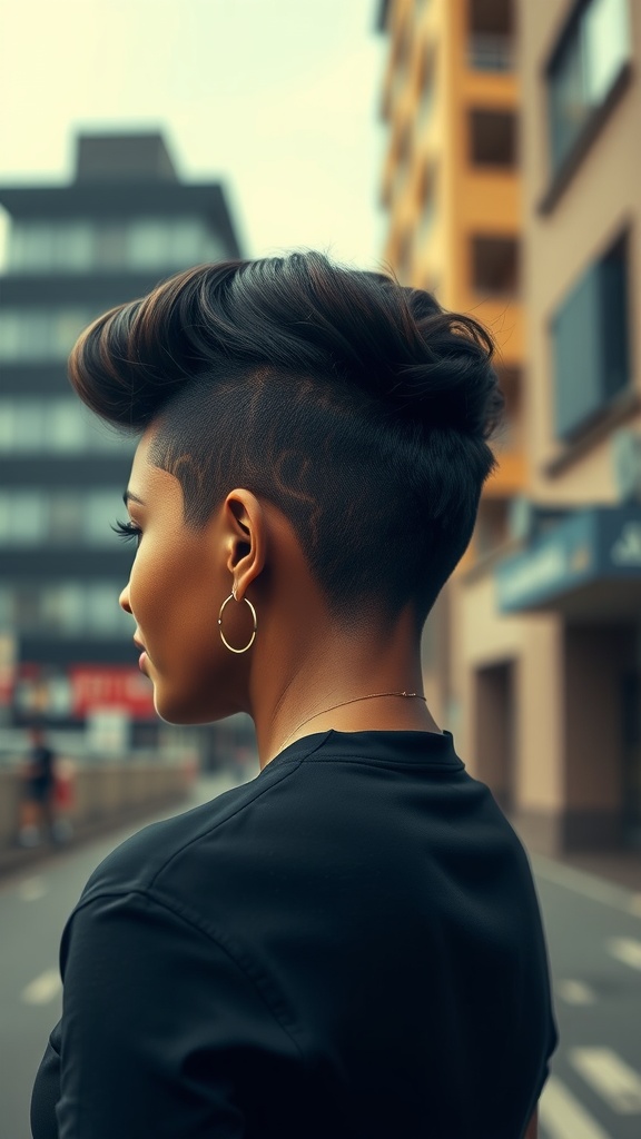 A person with a bold buzz cut and stylish hair design, showcasing a confident look.