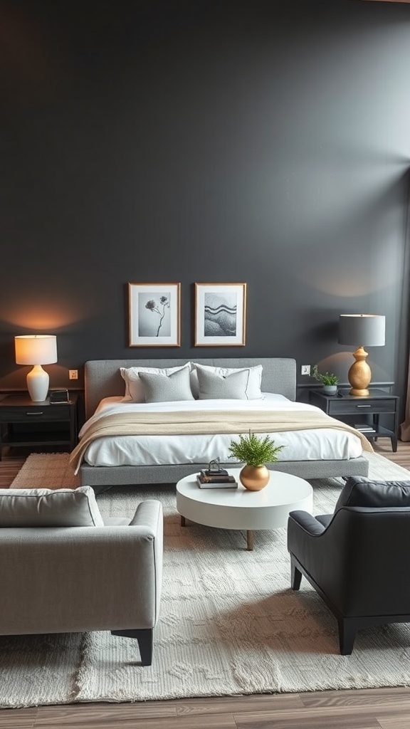 A modern living room featuring a bold charcoal gray wall, light gray furniture, and stylish decor.