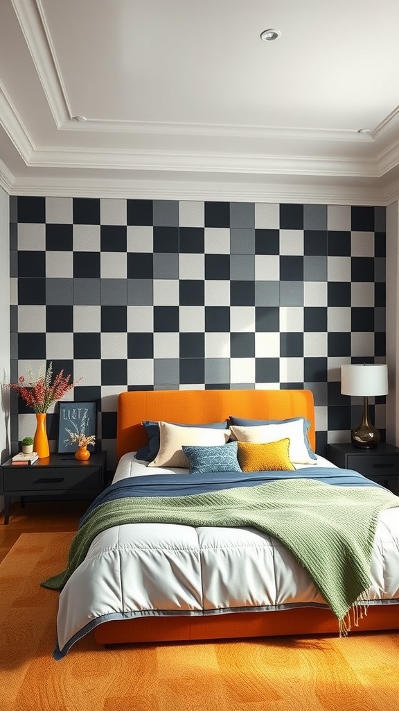 A bedroom featuring a bold black and white checkerboard accent wall with an orange bed frame and colorful pillows.