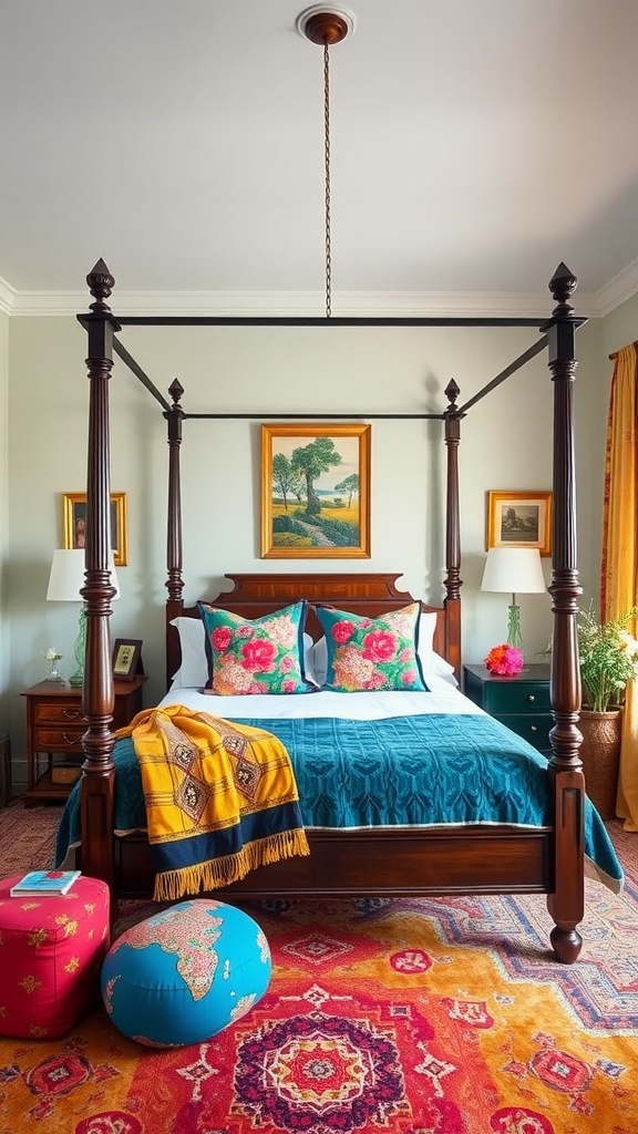 A four-poster bedroom featuring bold color accents with teal bedding, floral pillows, and vibrant decor items.