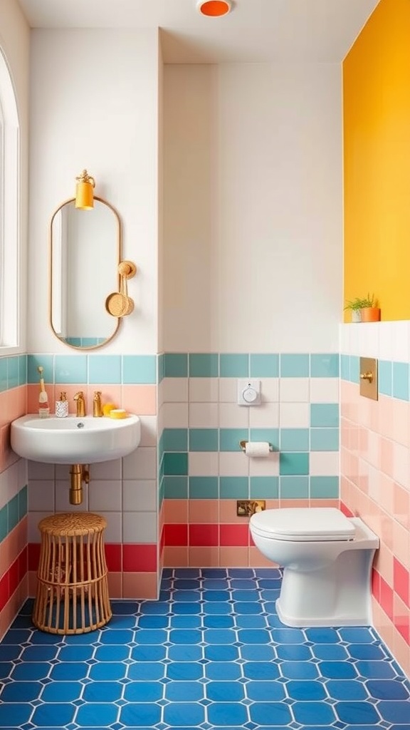 Colorful bathroom design with turquoise, coral, pink tiles and a yellow accent wall