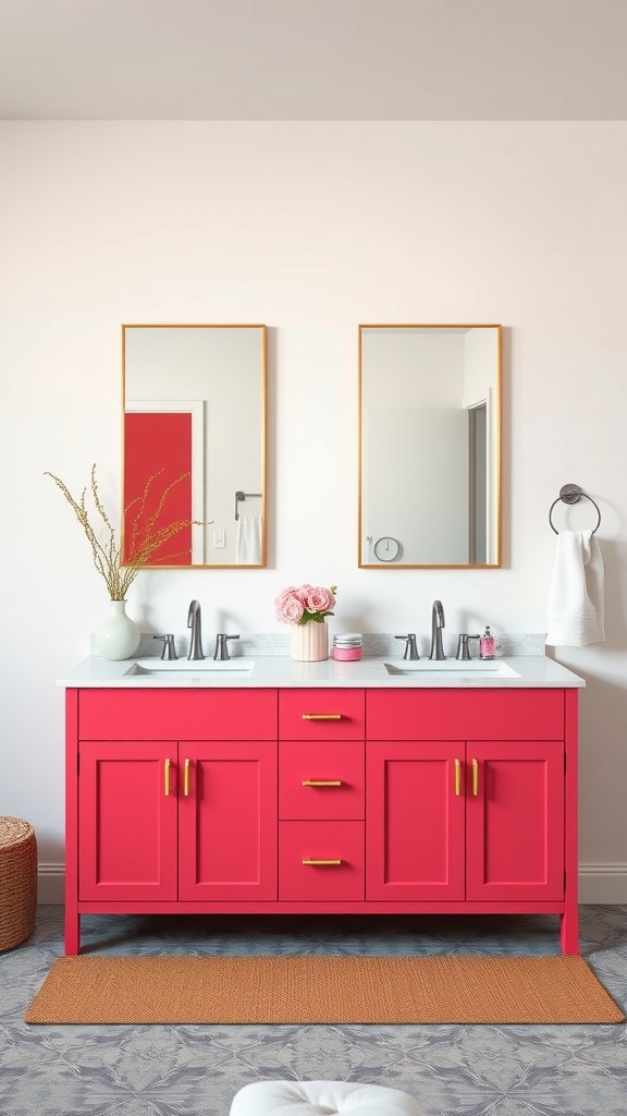 A double vanity bathroom featuring a vibrant pink cabinet with gold hardware and two mirrors.