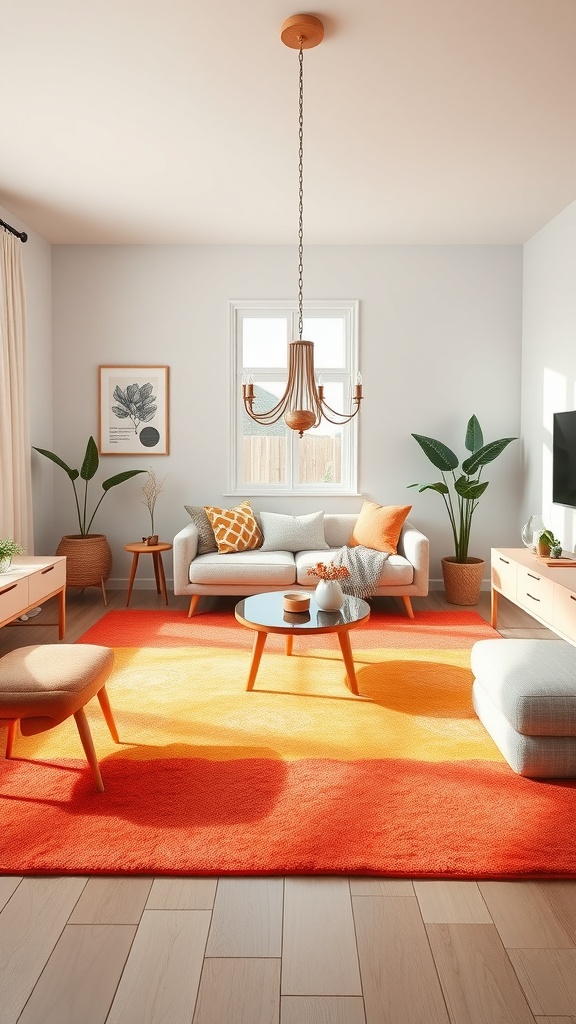 A bright orange and yellow rug in a modern living room with neutral furniture and plants.