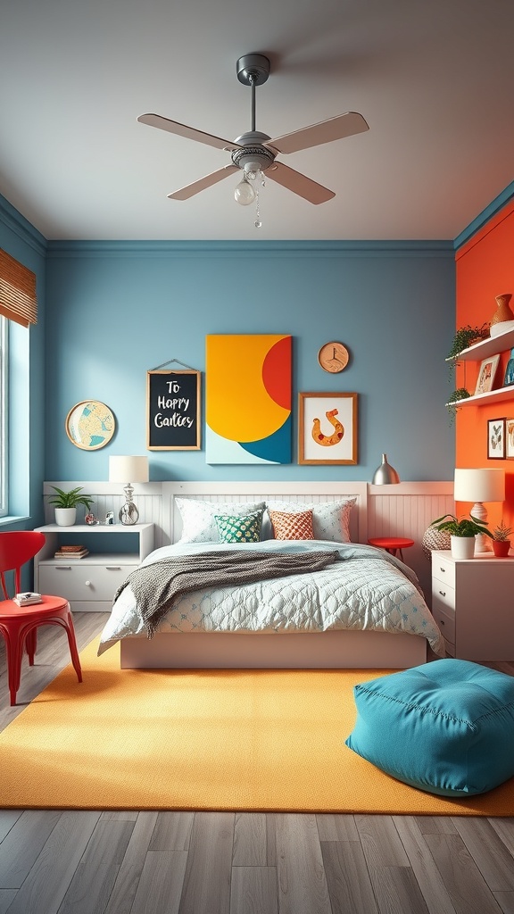 A stylish teen bedroom featuring bold color accents with blue and orange walls, cozy bedding, and vibrant decor.