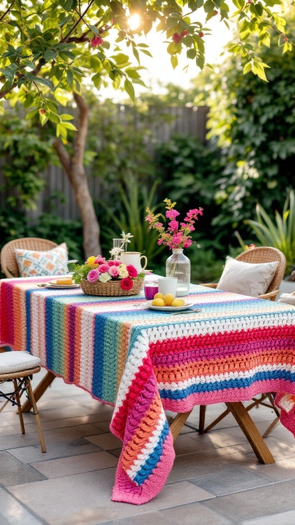 A colorful crochet tablecloth on a garden table, surrounded by greenery.