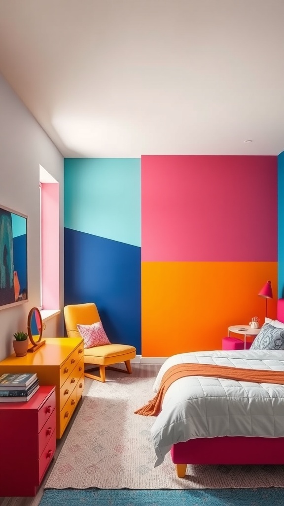 A brightly colored bedroom with bold color blocking on the walls, featuring shades of pink, blue, orange, and yellow.