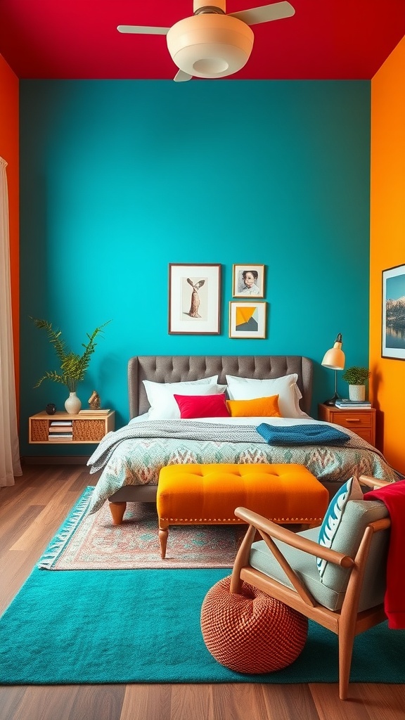 A vibrant bedroom featuring color blocking with turquoise walls, a red ceiling, and orange accents.