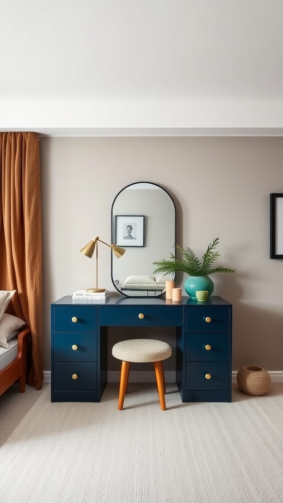 A modern navy dressing table with gold hardware, a round mirror, and stylish decor in a contemporary bedroom setting.