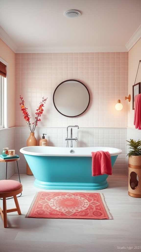 A vibrant turquoise freestanding bathtub in a stylish bathroom with pink tiles and coral accents.