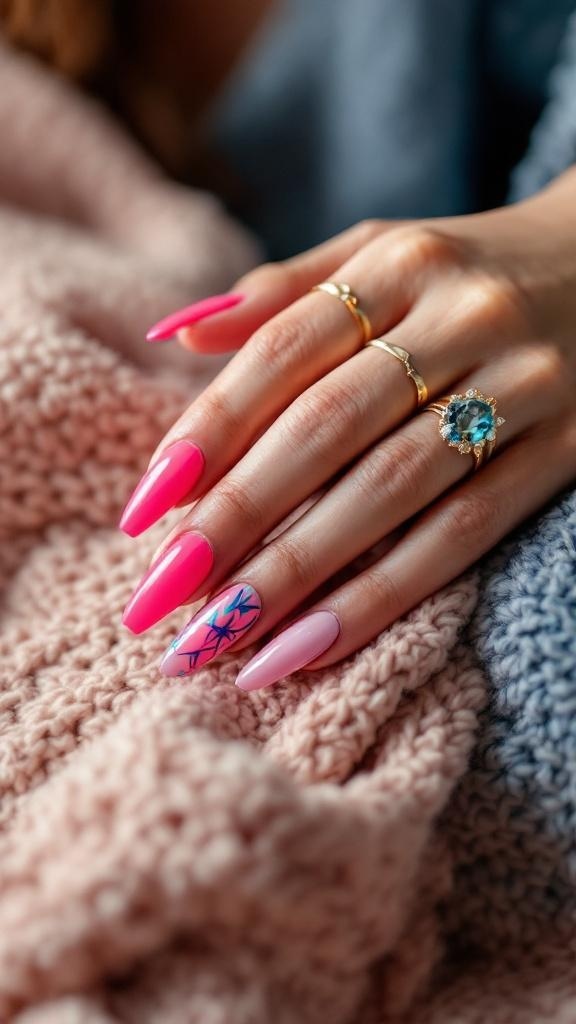 A close-up of a hand with long, pink nails, featuring a design on one nail, resting on a cozy knitted blanket.