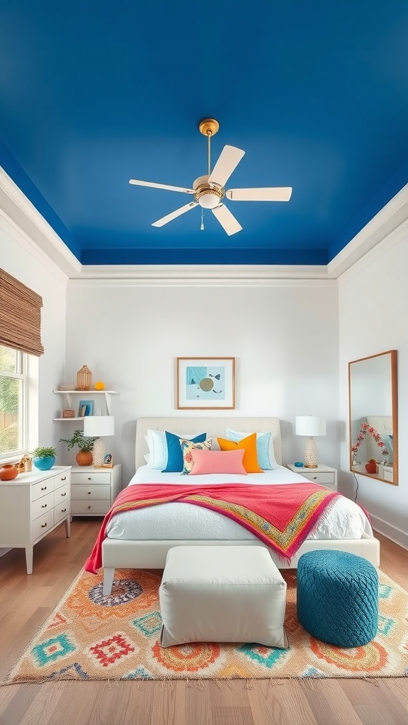 Stylish bedroom with a blue ceiling and colorful decor