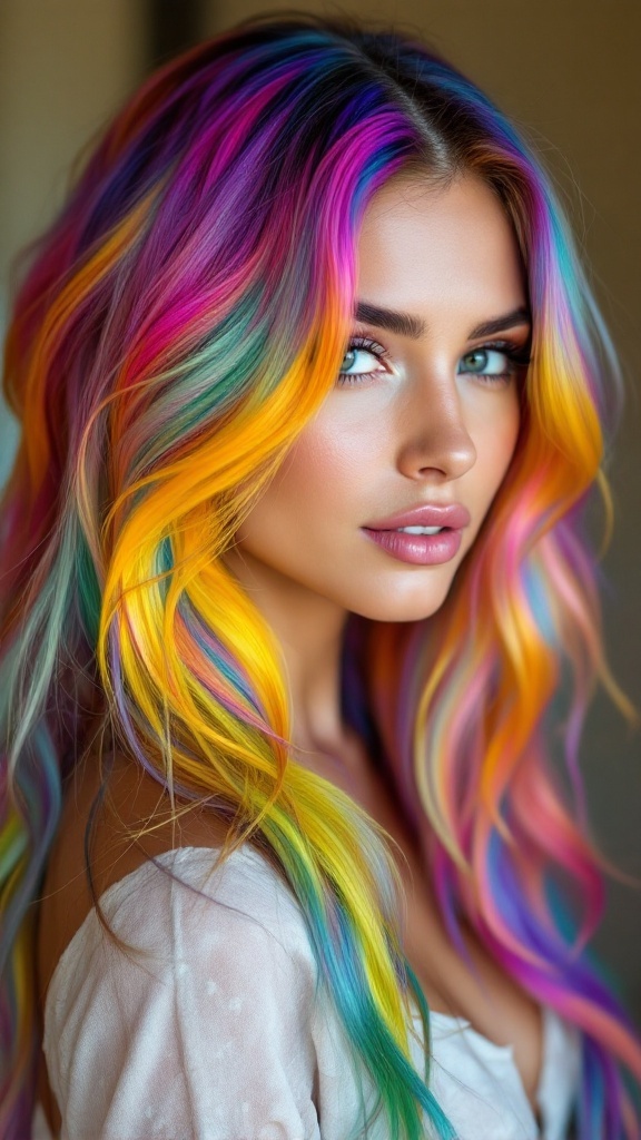 A woman with vibrant pink, blue, and yellow highlights in a half up half down hairstyle.