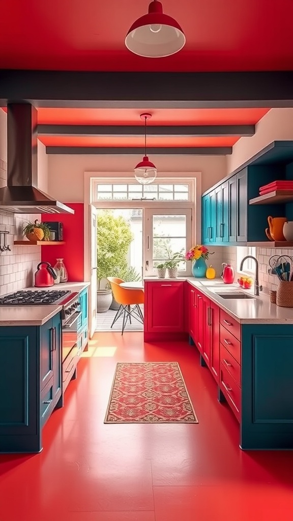 A kitchen with bold red and blue cabinets, bright red ceiling, colorful accessories, and a patterned rug