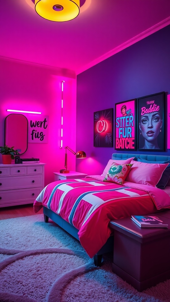 A stylish bedroom featuring bold colors, bright pink lighting, and patterned bedding.