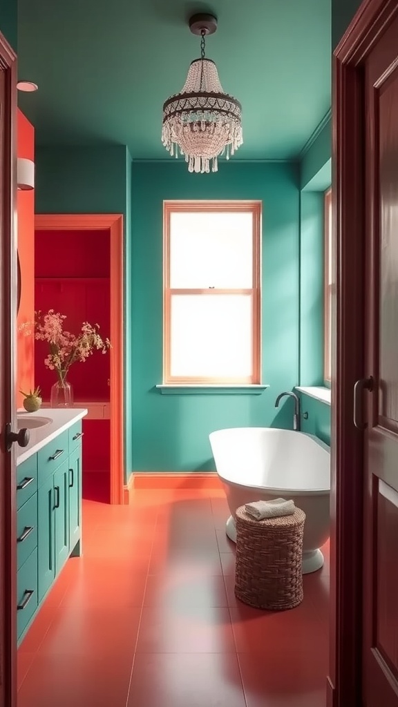 A modern bathroom with teal walls, coral accents, and elegant fixtures.