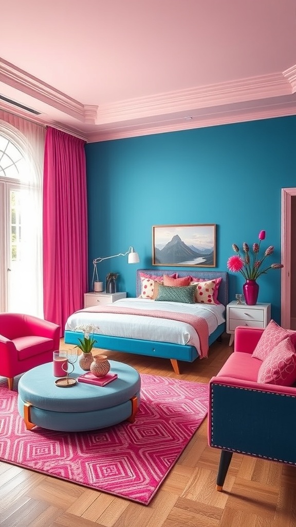 A bold living room featuring teal walls and pink accents, with colorful furniture and a geometric rug.