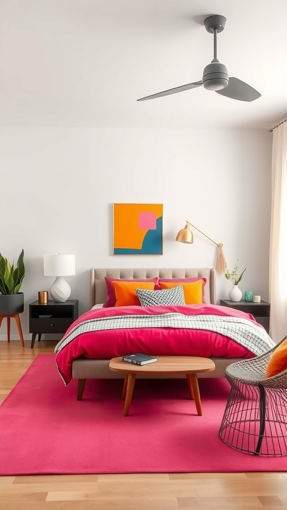 A mid-century modern bedroom featuring a bold color palette with a pink rug, orange and teal artwork, and colorful bedding.